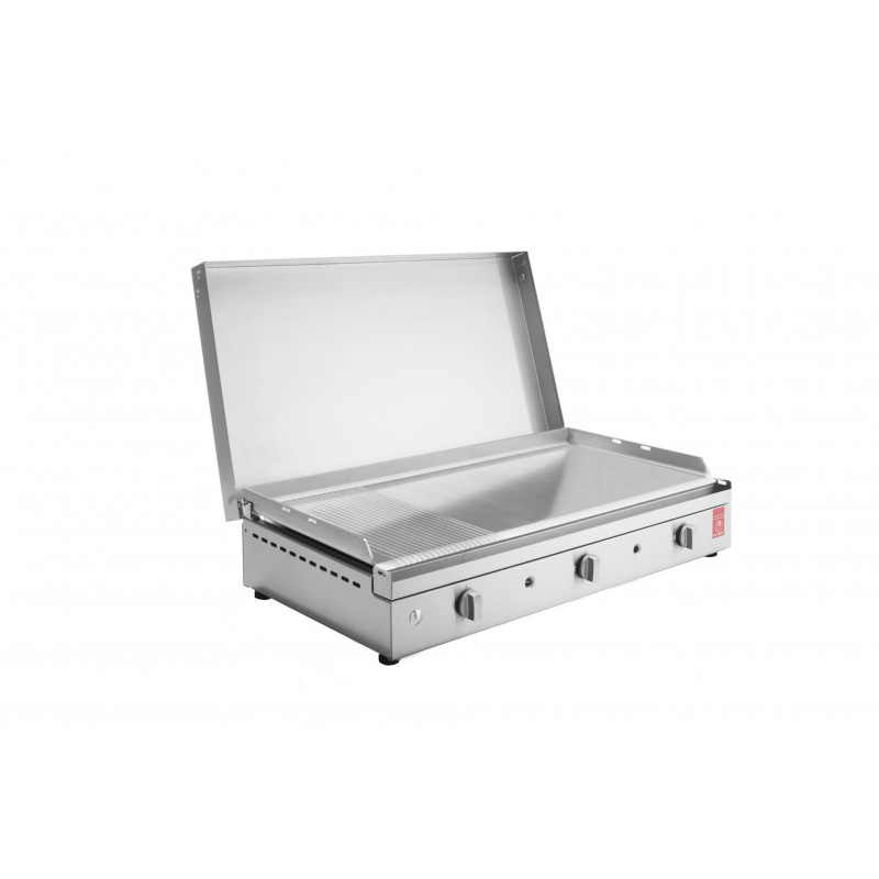 plancha inox chef 80 lisse et rainurée + couvercle